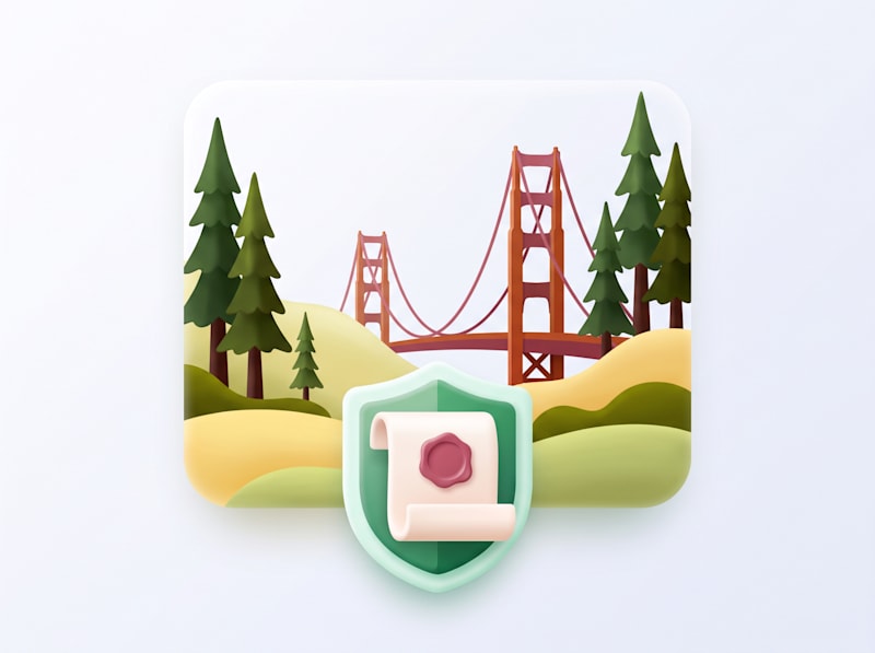 Golden Gate Bridge with pine trees and a certificate shield icon
