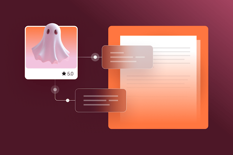 illustration of a ghost icon connected to a document on a dark background