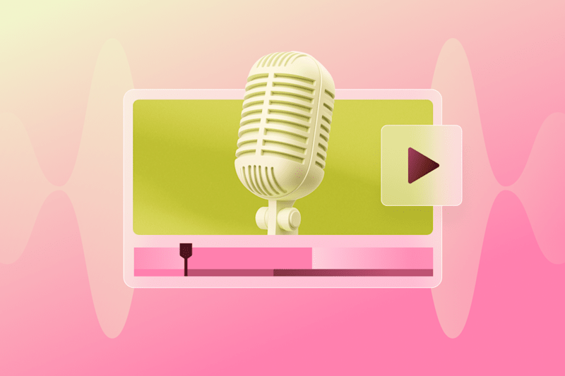 A vintage microphone in front of a playback interface with a colorful audio wave background.