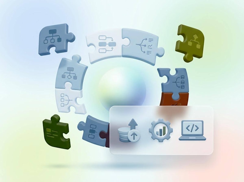3D illustration of connected puzzle pieces forming a workflow cycle with data, settings, and code icons