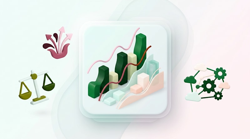 3D bar and line chart card flanked by growth, balance scale, and cloud gear icons