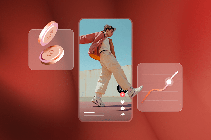 A mobile screen shows a person walking, with floating dollar coins and a growth chart on a red background