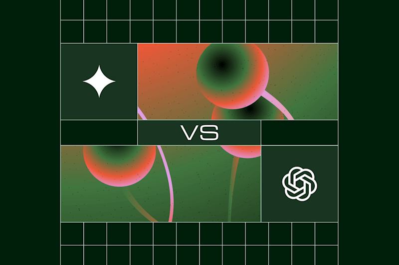 Gemini vs ChatGPT icons on a dark green grid background with abstract circular patterns