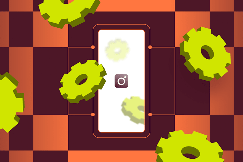 A smartphone displaying the Instagram icon, surrounded by green gears on a checkered background.