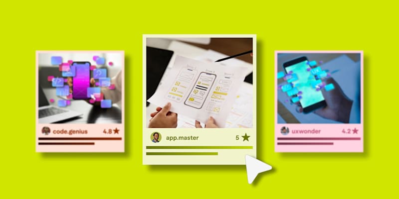 Three design portfolio cards side by side, featuring app development and UX UI concepts on a bright yellow background