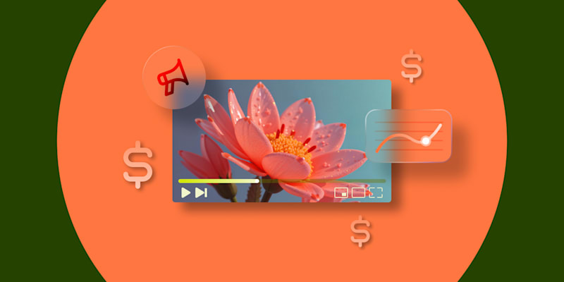 Video of a pink flower with icons of a megaphone, dollar signs, and a chart on an orange background