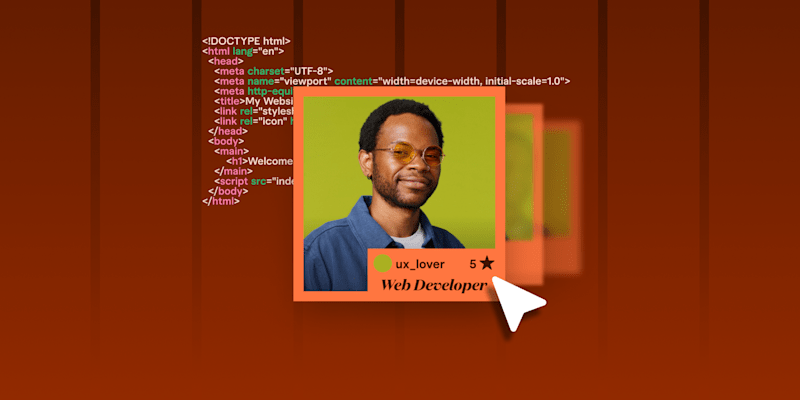 Profile card of a web developer with a green background, surrounded by HTML code elements on a red gradient backdrop
