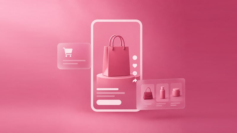 3D-style illustration of a shopping bag showcased on a mobile storefront interface, accompanied by product recommendations and shopping icons on a pink background, representing selling products through TikTok Shop.