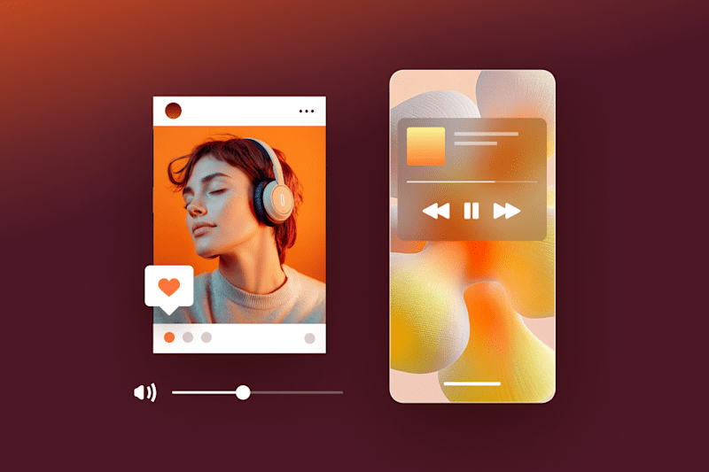 A woman with headphones enjoying music, alongside a phone screen showing a music player