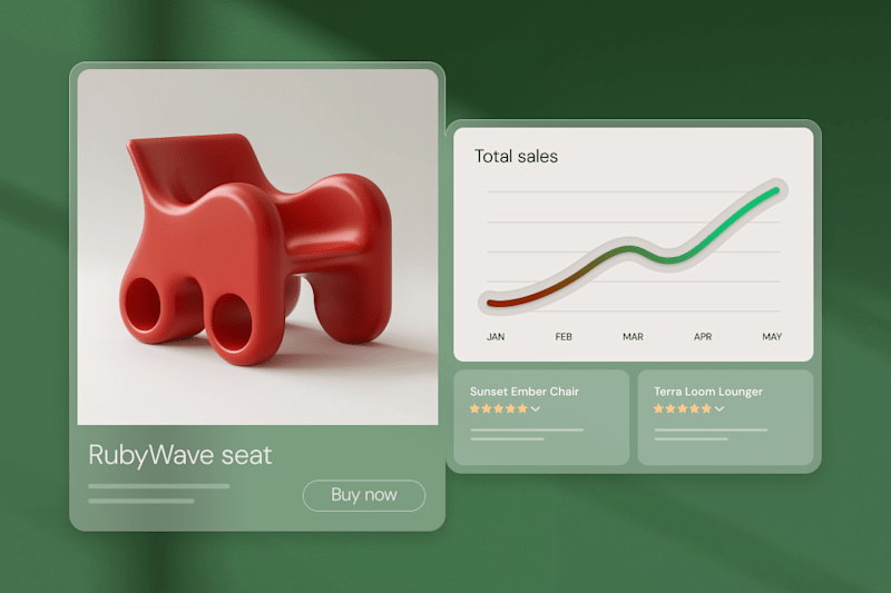 Product display featuring a red RubyWave seat, sales graph, and purchase options