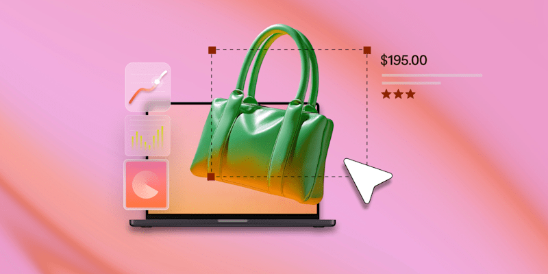 image of a green handbag on a laptop screen, surrounded by sales data and editing tools
