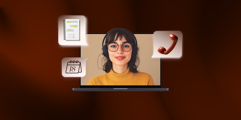 laptop screen featuring a smiling person wearing headphones, surrounded by virtual assistant tools like a calendar and phone icon