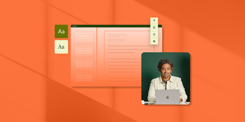 person working on a laptop, alongside a simplified text editor interface with formatting options, on an orange background