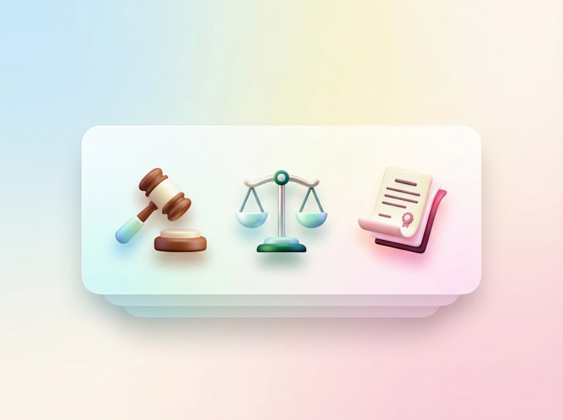 3D illustration of legal concepts featuring a gavel, balance scales, and official documents