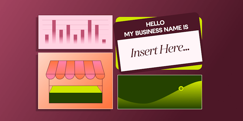 What is a DBA? DBA - an illustrated design of a business and graphs with " Hello My Business Name Is, Insert Here" on a gradient pink red color