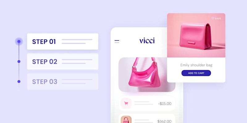 Shopping app interface showing step by step guide and pink handbags for sale