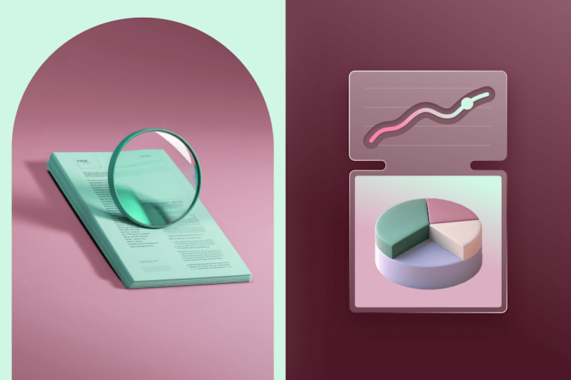 A stylized illustration of data visualization, featuring a magnifying glass over documents and 3D charts with line and pie graphs.