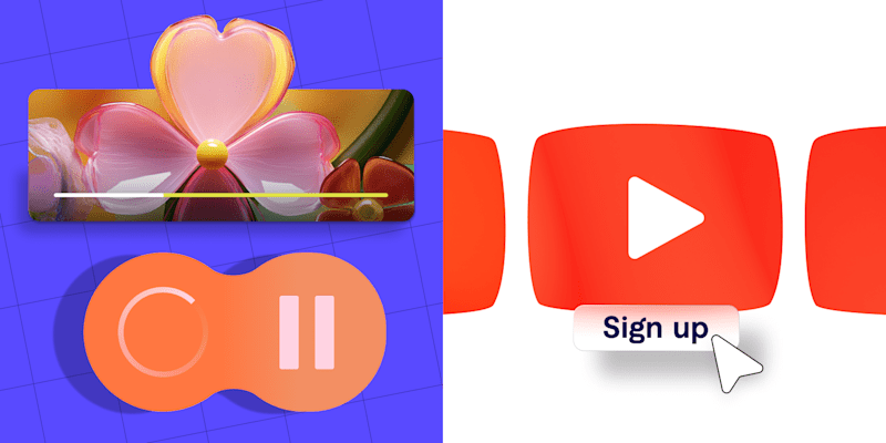 Bright illustrations of video elements, including a play button and a pause button