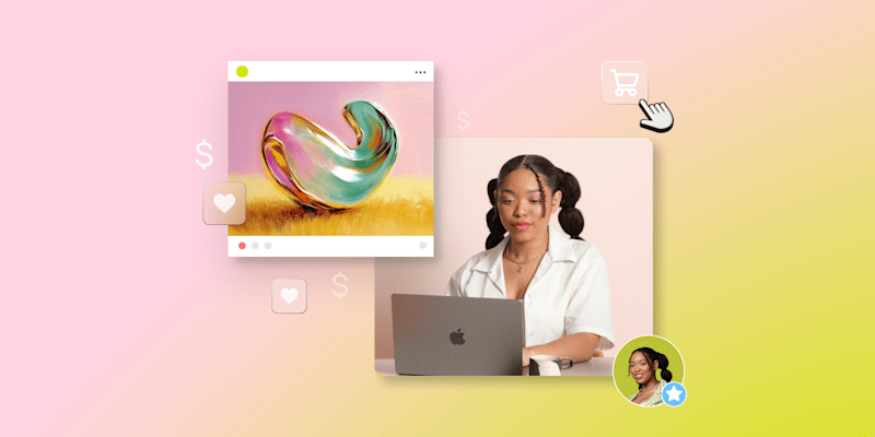 A woman using a laptop, with an abstract art piece and shopping icons in the background