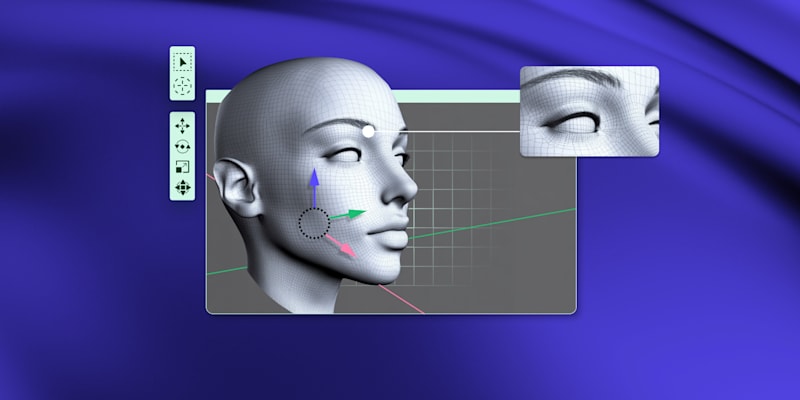 a wireframe of a face in a 3D modeling interface on a blue background