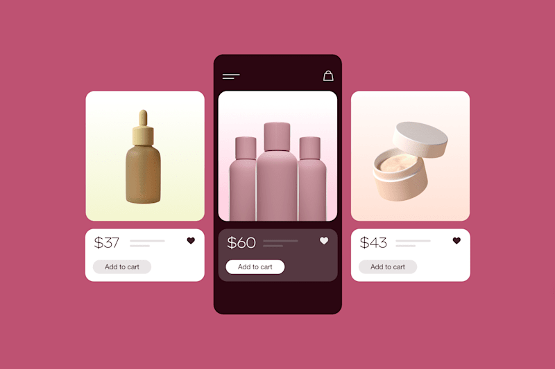 Cosmetic product listings with bottles and a cream jar on a pink background