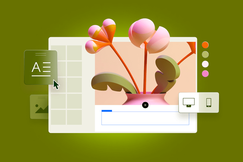 Wix vs Squarespace vs WordPress: webpage editor showing a flower vase illustration being customized with text, layout tools, and responsive design options.