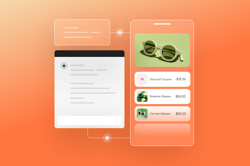AI content marketing concept featuring a webpage and mobile shopping interface with sunglasses, a discount coupon, and product listings, set against an orange gradient background