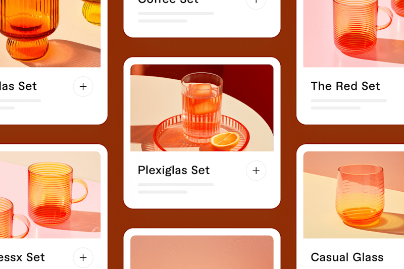 Colorful glassware sets displayed in a modern product grid layout