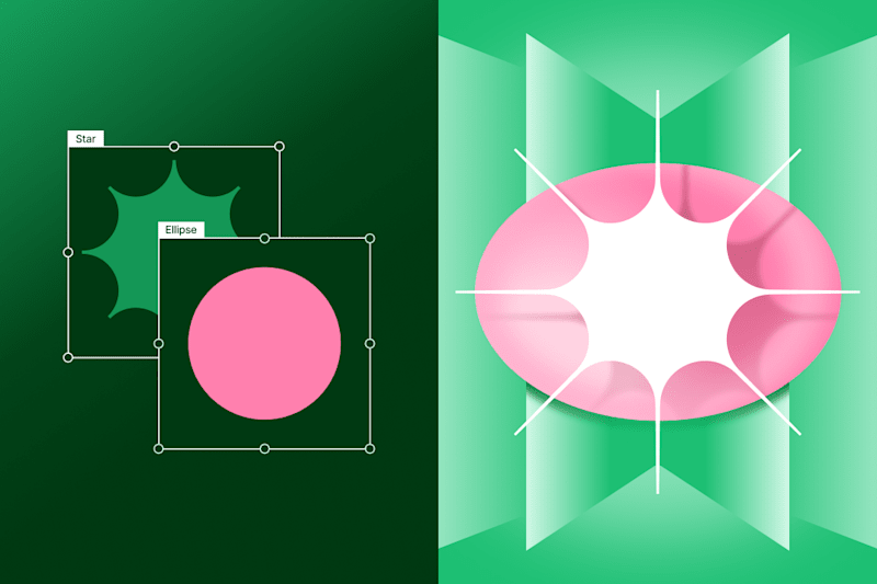 A graphic of geometric shapes, including a pink ellipse and a star, on a green background