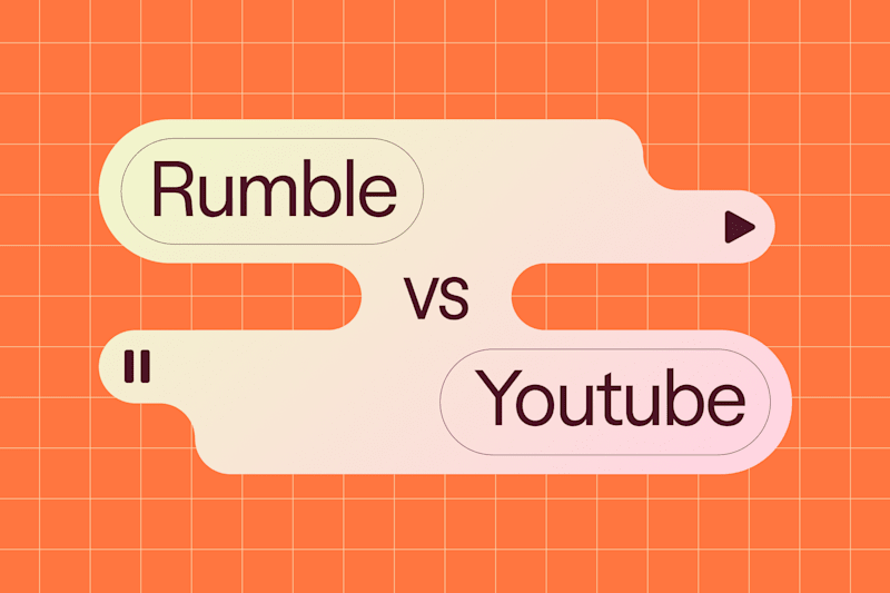 Abstract graphic comparing Rumble and YouTube with play and pause icons on an orange grid background
