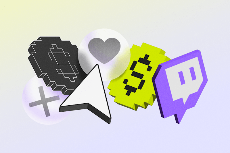 Collection of pixelated icons including dollar signs heart Twitch logo and a cursor