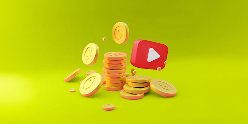 3D illustration of golden coins stacked and floating mid air and a red YouTube play button on a lime-green background