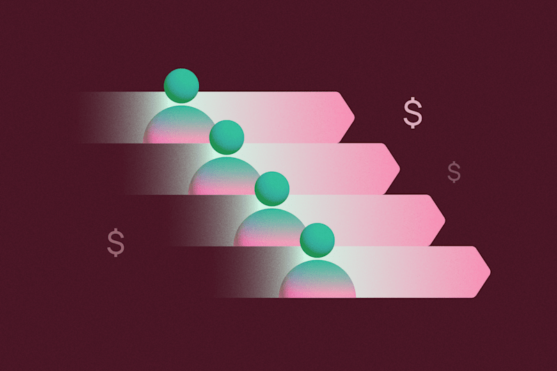 Lead generation: User icons on pink arrows with dollar signs on a dark red background