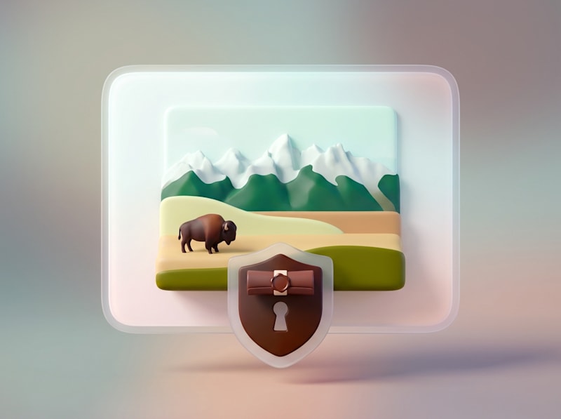 3D mountain landscape with a bison, overlaid by a locked security shield