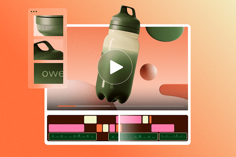 3D video editing interface featuring a green water bottle on an orange gradient background