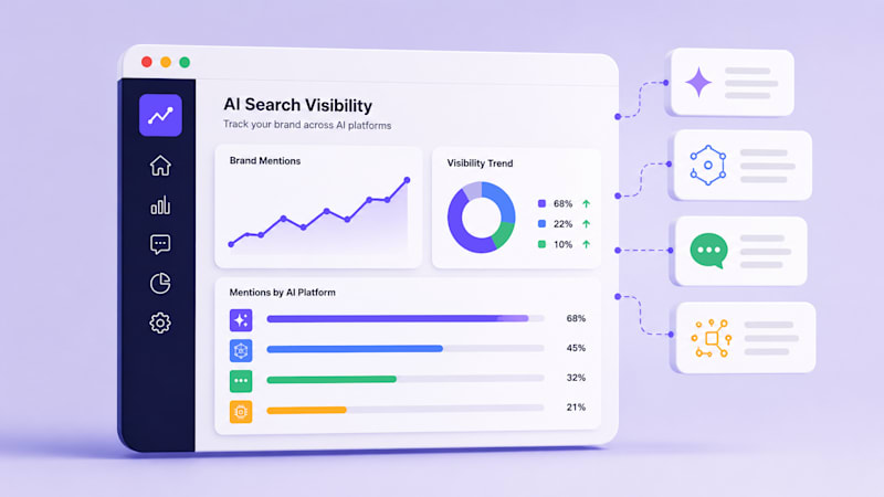 Illustration of an AI search visibility dashboard tracking brand mentions, trends, and performance across multiple AI platforms.