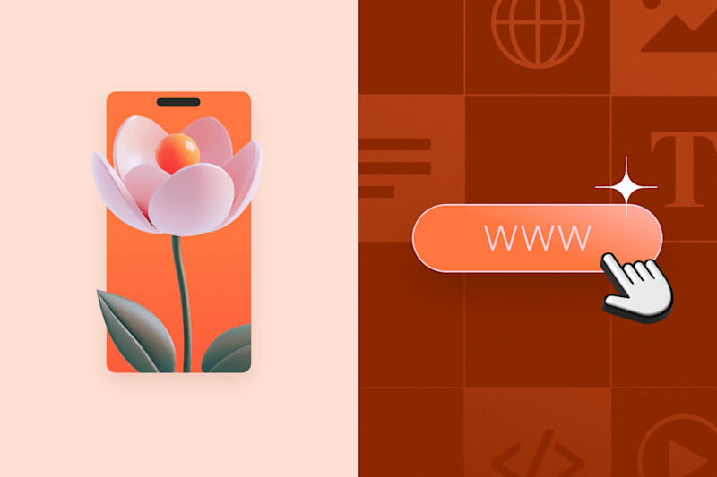 A minimalist design showcasing a blooming flower on a phone screen beside a glowing "WWW" button with a hand pointer, symbolizing digital creativity and connectivity.