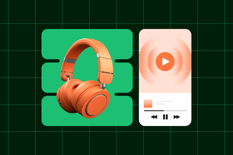Vodcast: orange headphones next to a mobile music player interface