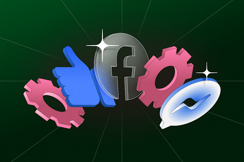 3D icons of Facebook logo, thumbs up, settings gears, and Messenger symbol on a green background