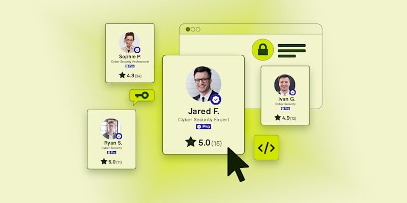 Cyber security profiles with five star rating on a white green background