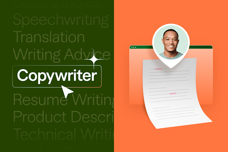 Beccome a "Copywriter" highlighted with a cursor on the left profile image and document on an orange background on the right.