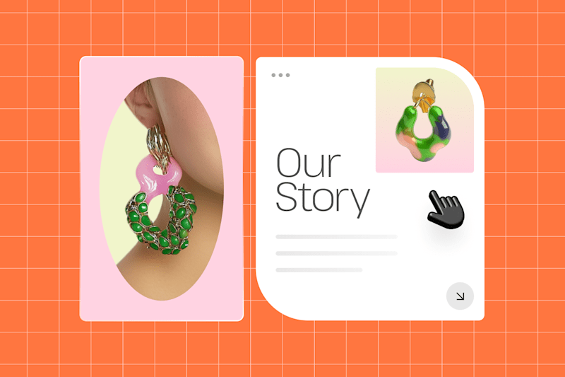 Close-up of colorful earrings next to a digital “Our Story” section with a click icon on an orange grid background.