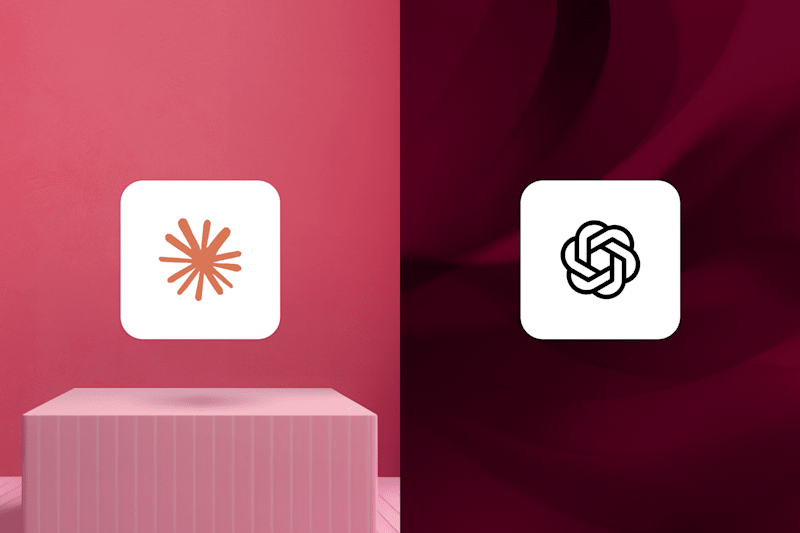 Claude and ChatGPT logos displayed side by side on pink and dark red backgrounds