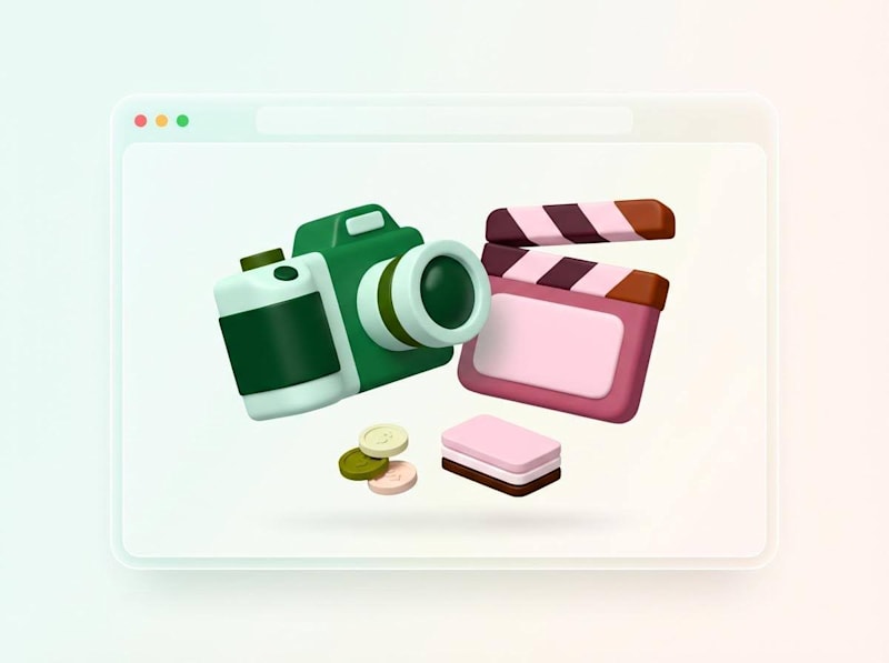 3D camera and film clapper icons inside a browser window
