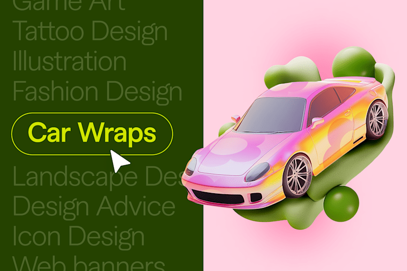a brightly colored car with a custom wrap design, surrounded by creative design categories like "Car Wraps" highlighted in a vibrant green