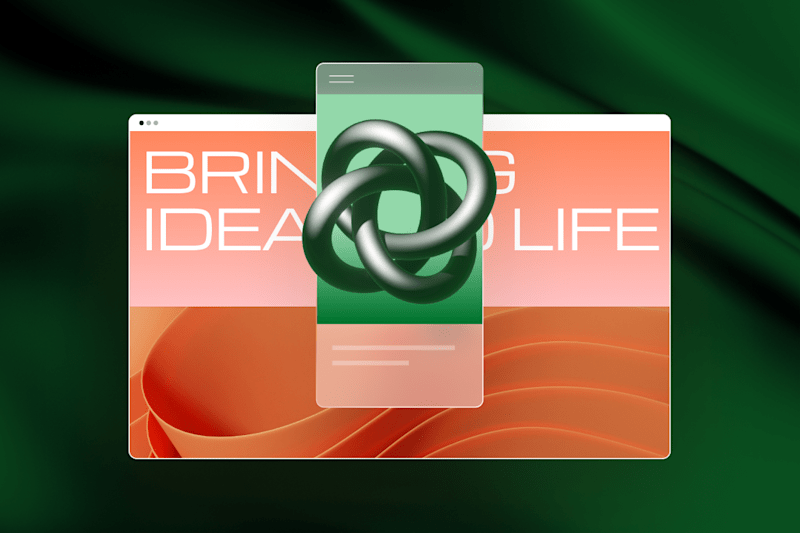 Landing page with abstract 3D design with interlocking rings over a mobile