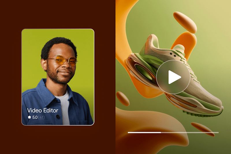 A video editor's profile showcasing a confident creator on a green background paired with a dynamic, futuristic sneaker in motion, emphasizing creativity and professional video editing skills.