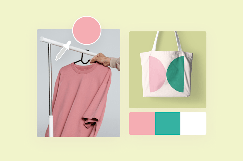 A pink t-shirt, a tote bag with pink and green design, and a matching color palette