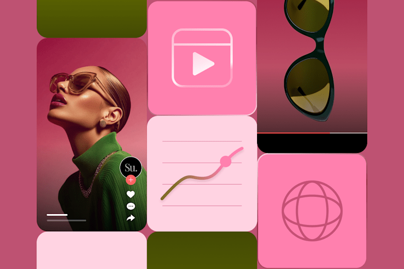 Collage featuring a woman in sunglasses, a play button icon, chart graphics, a globe, and sunglasses on a pink and green background