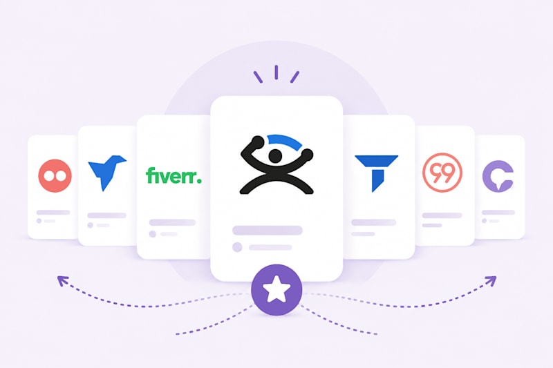 Illustration comparing Guru with alternative freelance platforms using marketplace cards and platform icons.